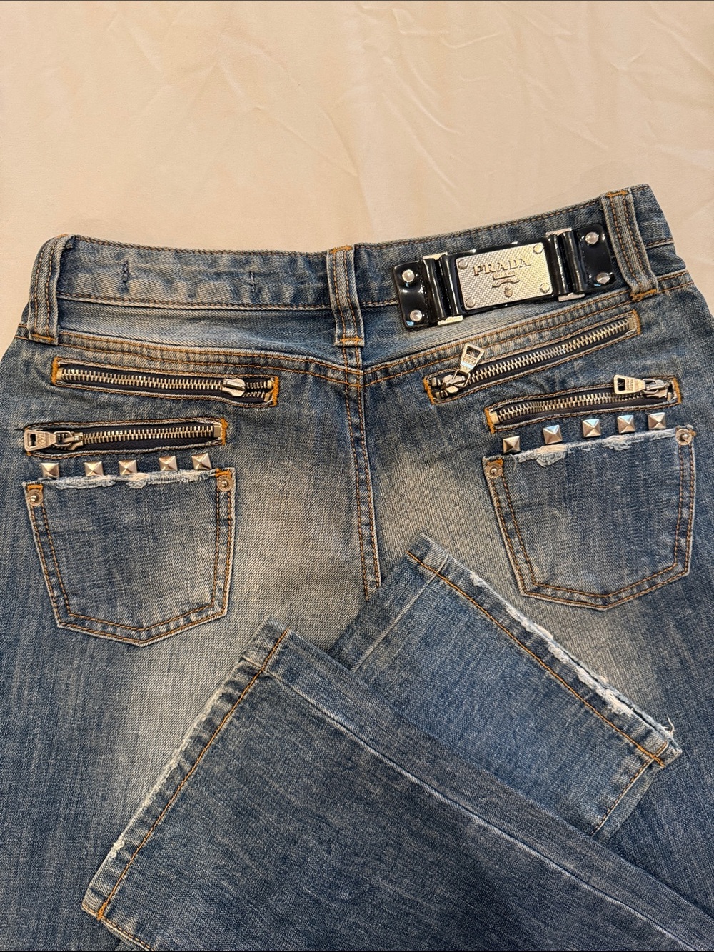 Prada Blue Straight-Leg Jeans with Stud and Zip Details